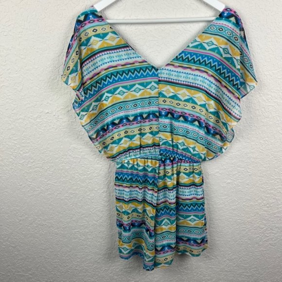 BLUE RAIN Womens S Multi Patterned Printed Romper V-Neck Short Flutter Sleeves - Picture 3 of 6